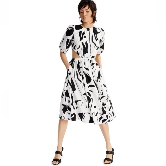 INC International Concepts Black and White  Puff Sleeve Cut Out Midi Dress. - Picture 1 of 11